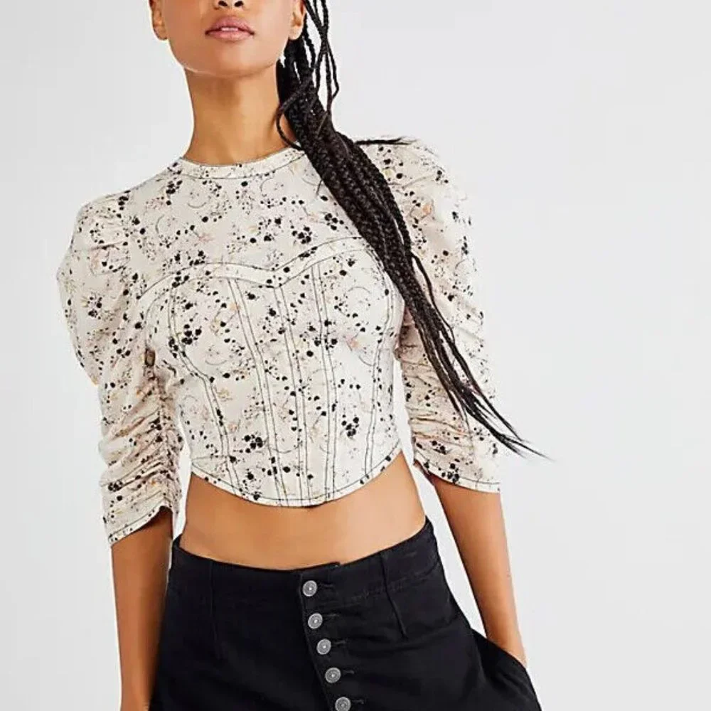 Free People Monica Top Floral Printed Puff Sleeve New